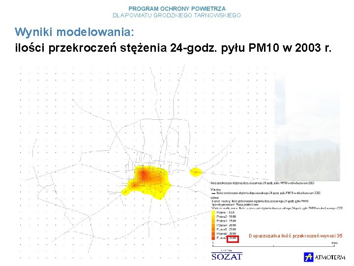 Wyniki modelowania: ilości przekroczeń stężenia 24 -godz. pyłu PM 10 w 2003 r. Dopuszczalna