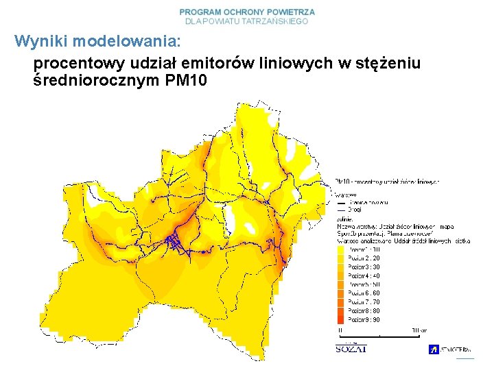 Wyniki modelowania: procentowy udział emitorów liniowych w stężeniu średniorocznym PM 10 