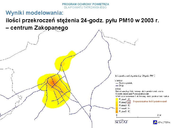 Wyniki modelowania: ilości przekroczeń stężenia 24 -godz. pyłu PM 10 w 2003 r. –