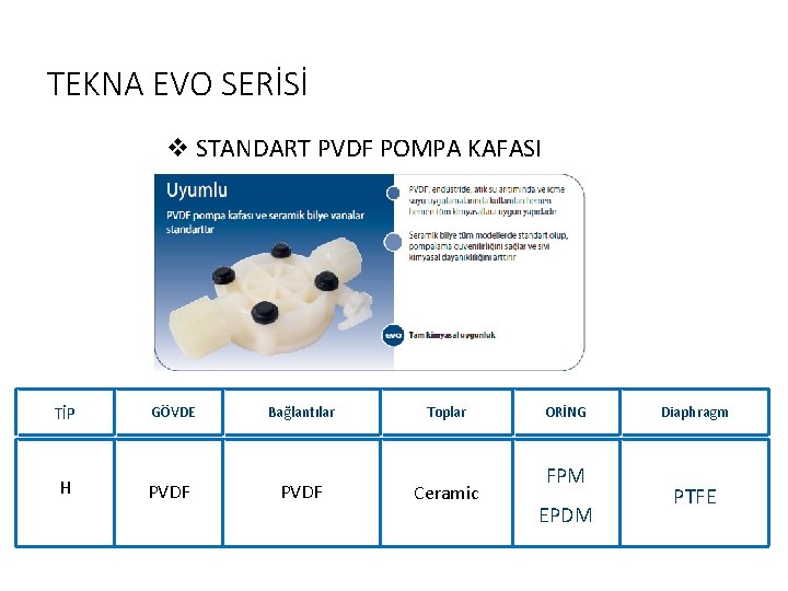 TEKNA EVO SERİSİ v STANDART PVDF POMPA KAFASI TİP GÖVDE Bağlantılar Toplar H PVDF