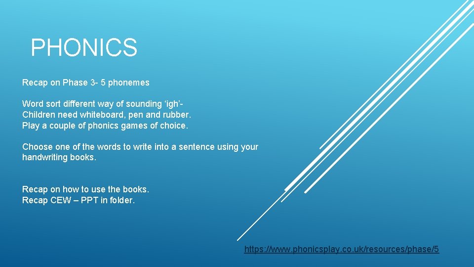 PHONICS Recap on Phase 3 - 5 phonemes Word sort different way of sounding