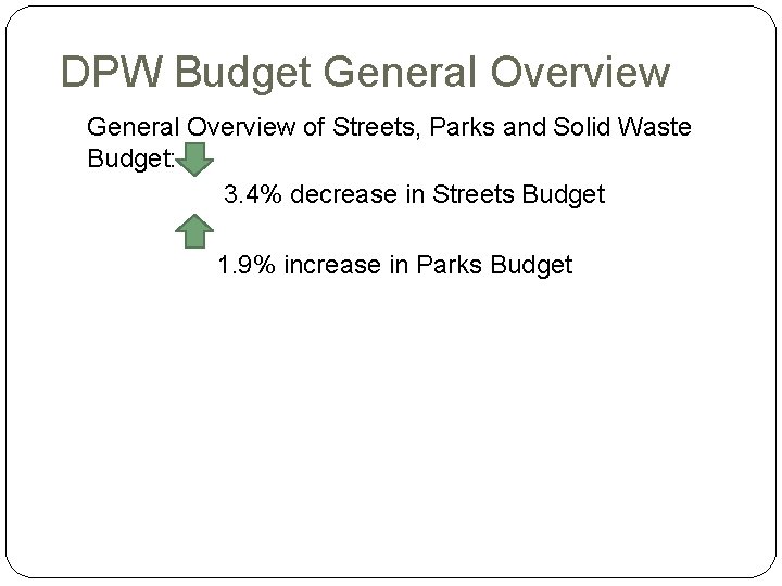DPW Budget General Overview of Streets, Parks and Solid Waste Budget: 3. 4% decrease