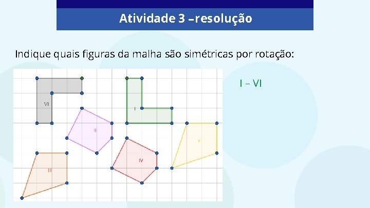 Atividade 3 – resolução Indique quais figuras da malha são simétricas por rotação: I