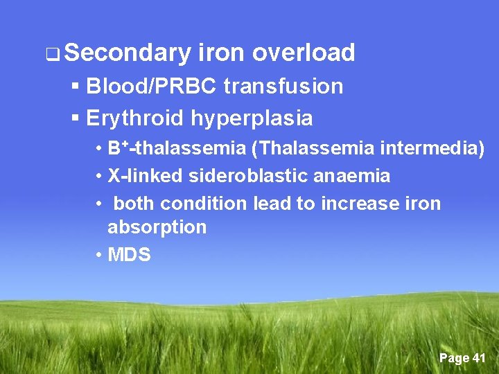 q Secondary iron overload § Blood/PRBC transfusion § Erythroid hyperplasia • B+-thalassemia (Thalassemia intermedia)