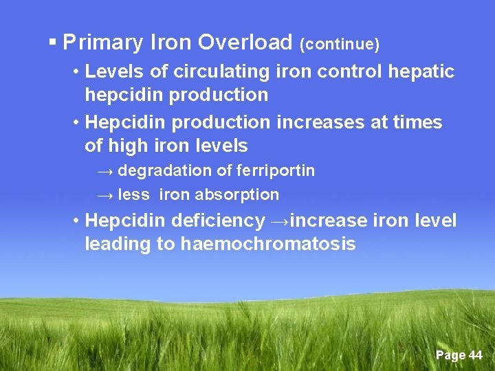 § Primary Iron Overload (continue) • Levels of circulating iron control hepatic hepcidin production
