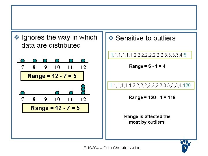 Disadvantage of Range v Ignores the way in which data are distributed v Sensitive