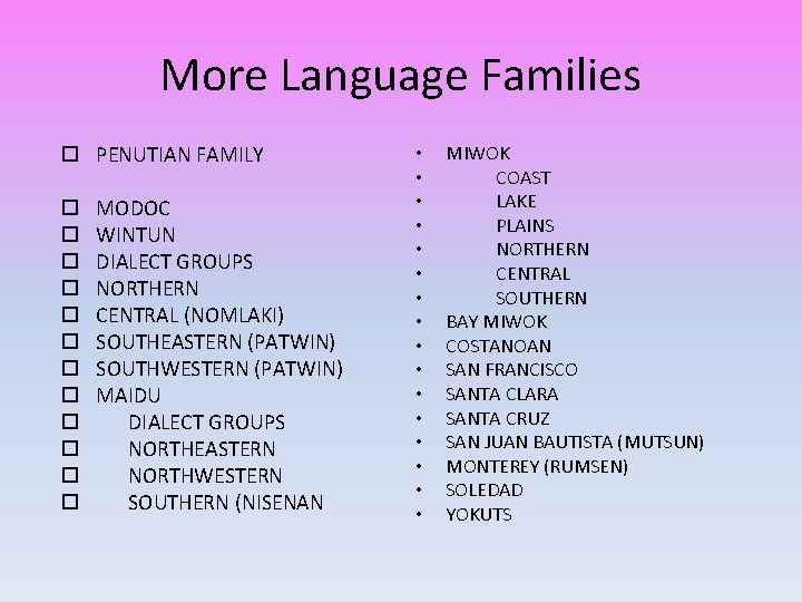 More Language Families PENUTIAN FAMILY MODOC WINTUN DIALECT GROUPS NORTHERN CENTRAL (NOMLAKI) SOUTHEASTERN (PATWIN)