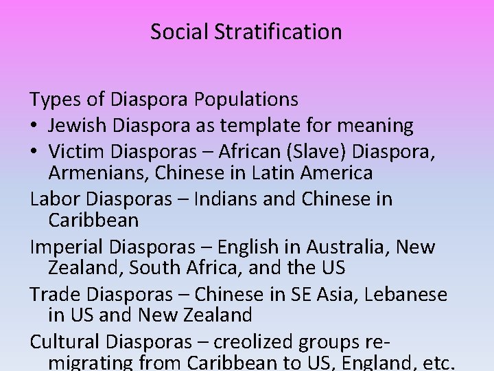 Social Stratification Types of Diaspora Populations • Jewish Diaspora as template for meaning •