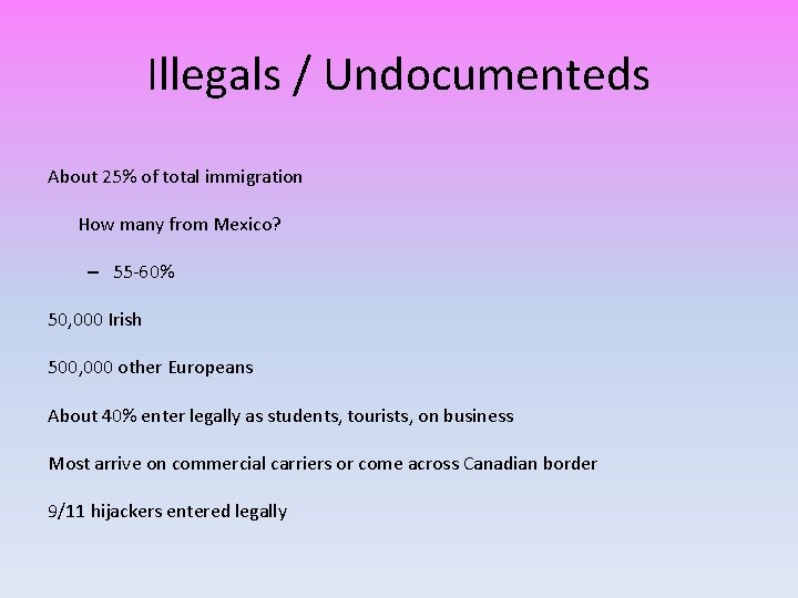 Illegals / Undocumenteds About 25% of total immigration How many from Mexico? – 55
