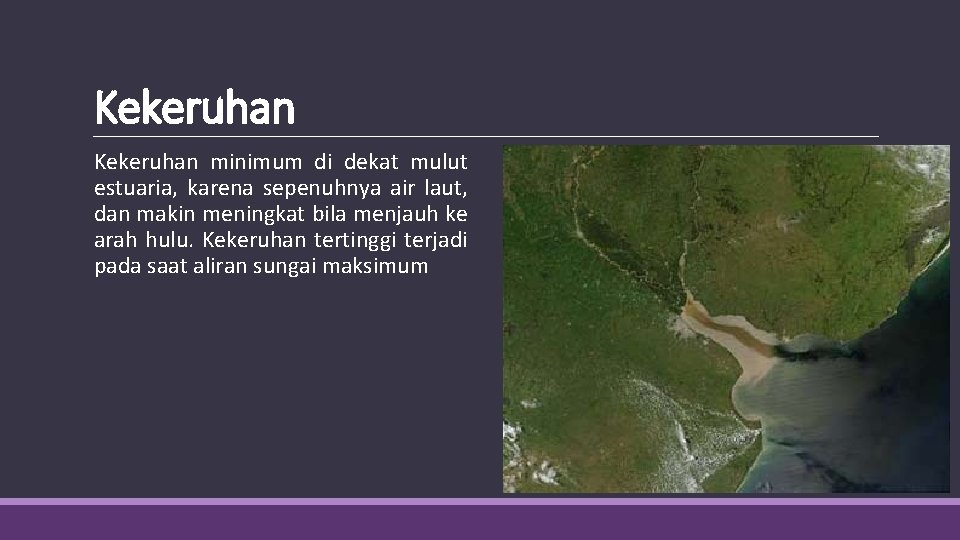 Kekeruhan minimum di dekat mulut estuaria, karena sepenuhnya air laut, dan makin meningkat bila