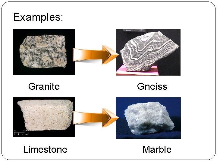 Examples: Granite Limestone Gneiss Marble 