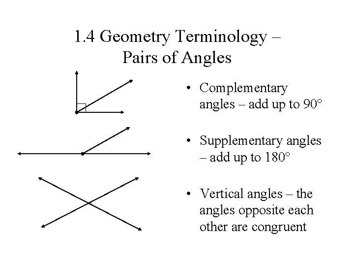 1. 4 Geometry Terminology – Pairs of Angles • Complementary angles – add up 1. 4 Geometry Terminology – Pairs of Angles • Complementary angles – add up
