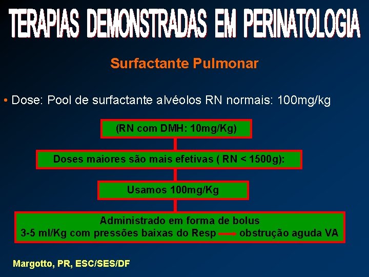 Surfactante Pulmonar • Dose: Pool de surfactante alvéolos RN normais: 100 mg/kg (RN com