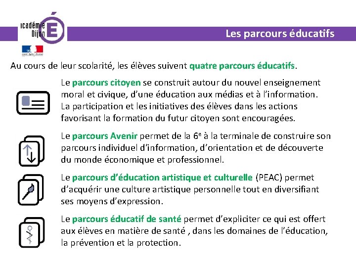 Les parcours éducatifs Au cours de leur scolarité, les élèves suivent quatre parcours éducatifs.