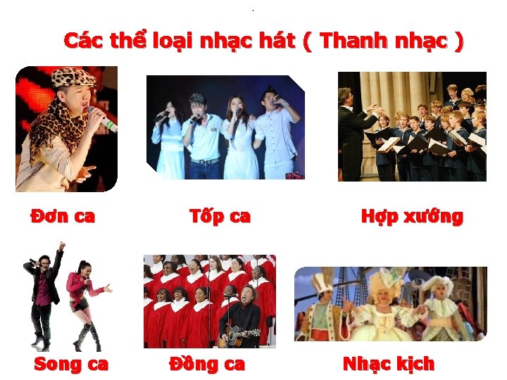 . Các thể loại nhạc hát ( Thanh nhạc ) Đơn ca Song ca