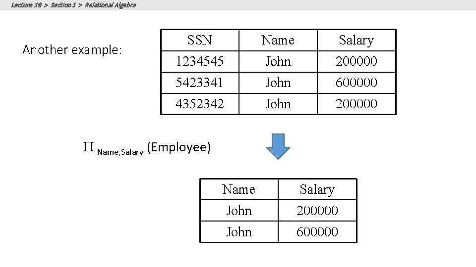 Lecture 18 > Section 1 > Relational Algebra Another example: SSN Name Salary 1234545 Lecture 18 > Section 1 > Relational Algebra Another example: SSN Name Salary 1234545