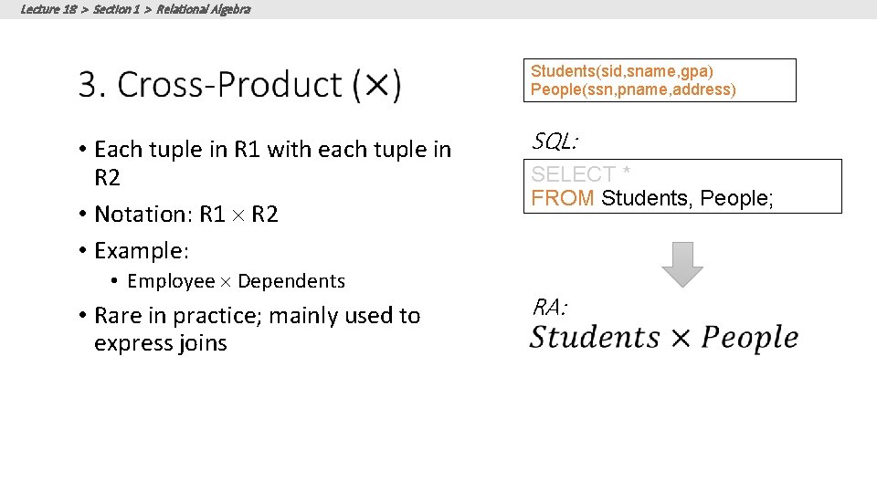 Lecture 18 > Section 1 > Relational Algebra Students(sid, sname, gpa) People(ssn, pname, address) Lecture 18 > Section 1 > Relational Algebra Students(sid, sname, gpa) People(ssn, pname, address)