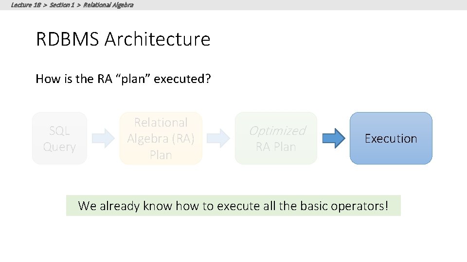 Lecture 18 > Section 1 > Relational Algebra RDBMS Architecture How is the RA Lecture 18 > Section 1 > Relational Algebra RDBMS Architecture How is the RA