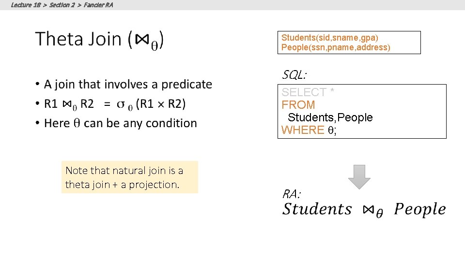 Lecture 18 > Section 2 > Fancier RA Students(sid, sname, gpa) People(ssn, pname, address) Lecture 18 > Section 2 > Fancier RA Students(sid, sname, gpa) People(ssn, pname, address)