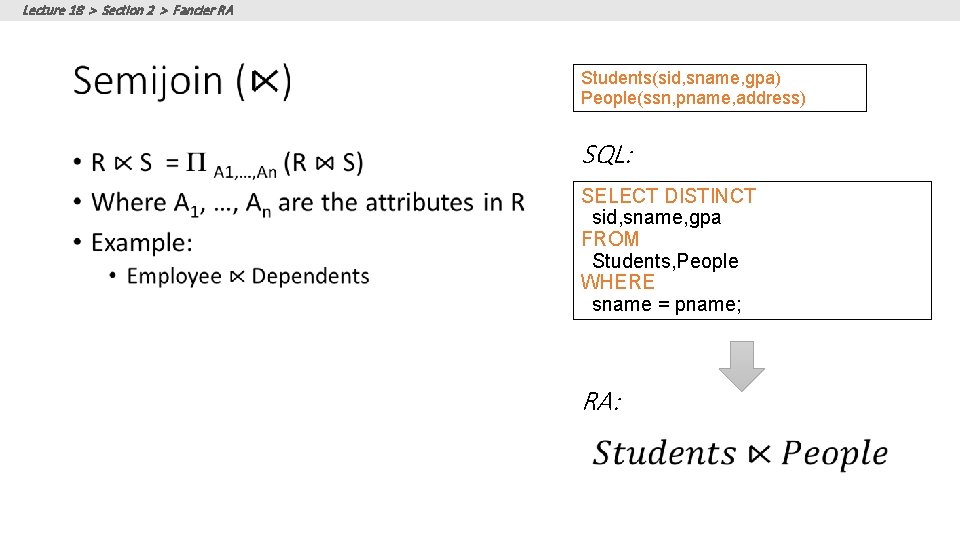 Lecture 18 > Section 2 > Fancier RA Students(sid, sname, gpa) People(ssn, pname, address) Lecture 18 > Section 2 > Fancier RA Students(sid, sname, gpa) People(ssn, pname, address)