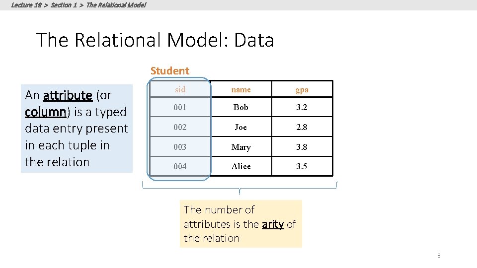 Lecture 18 > Section 1 > The Relational Model: Data Student An attribute (or Lecture 18 > Section 1 > The Relational Model: Data Student An attribute (or