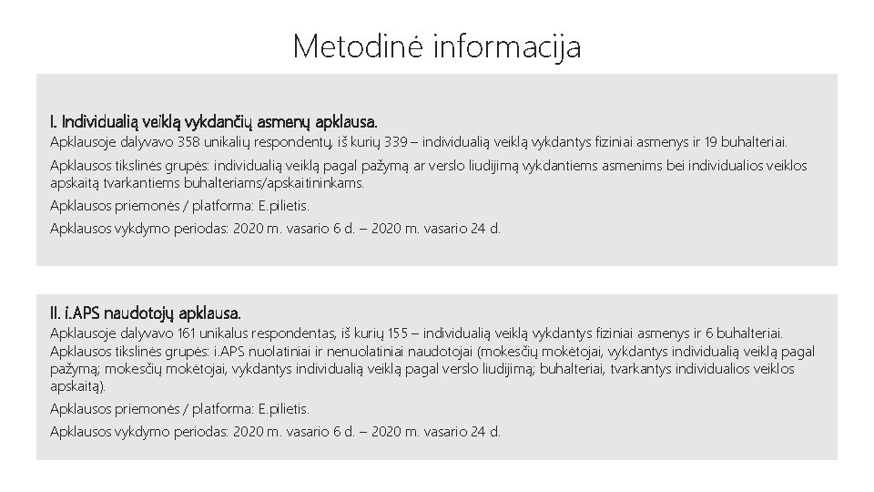 Metodinė informacija I. Individualią veiklą vykdančių asmenų apklausa. Apklausoje dalyvavo 358 unikalių respondentų, iš