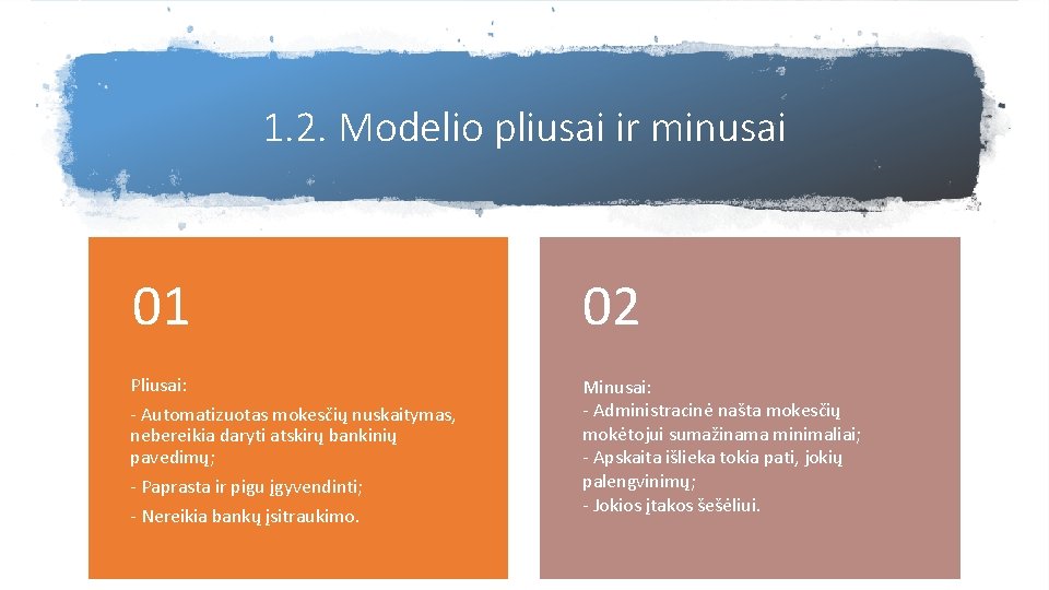 1. 2. Modelio pliusai ir minusai 01 02 Pliusai: Minusai: - Administracinė našta mokesčių