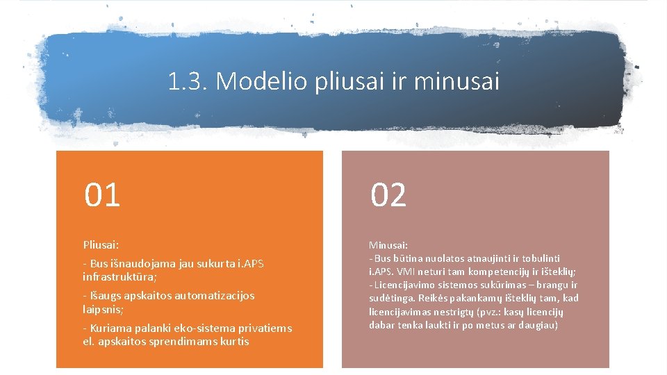 1. 3. Modelio pliusai ir minusai 01 02 Pliusai: Minusai: - Bus būtina nuolatos