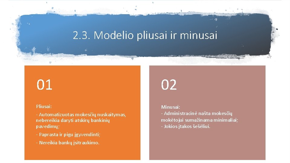 2. 3. Modelio pliusai ir minusai 01 02 Pliusai: Minusai: - Administracinė našta mokesčių