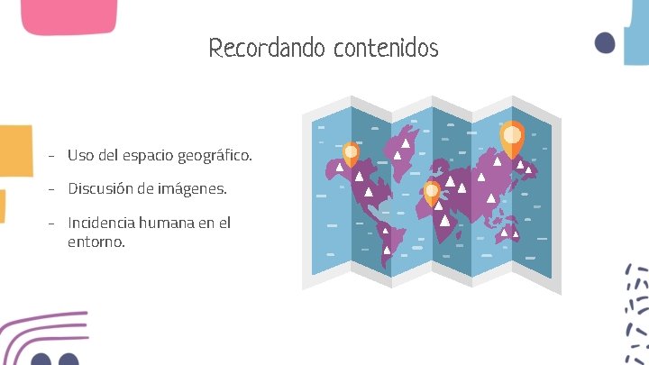 Recordando contenidos - Uso del espacio geográfico. - Discusión de imágenes. - Incidencia humana