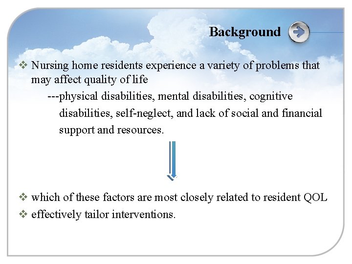 Background v Nursing home residents experience a variety of problems that may affect quality