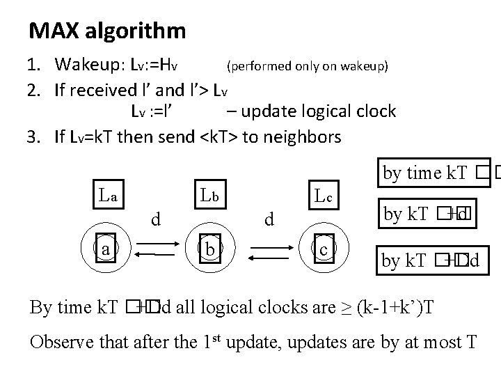 MAX algorithm 1. Wakeup: Lv: =Hv (performed only on wakeup) 2. If received l’