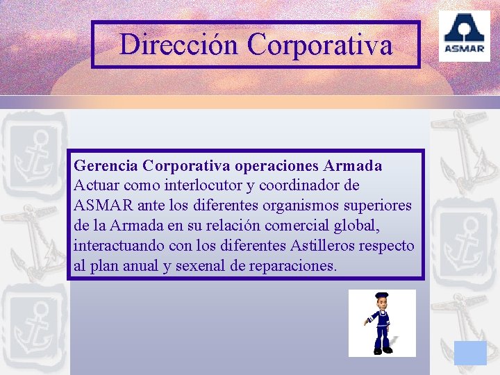 Dirección Corporativa Gerencia Corporativa operaciones Armada Actuar como interlocutor y coordinador de ASMAR ante