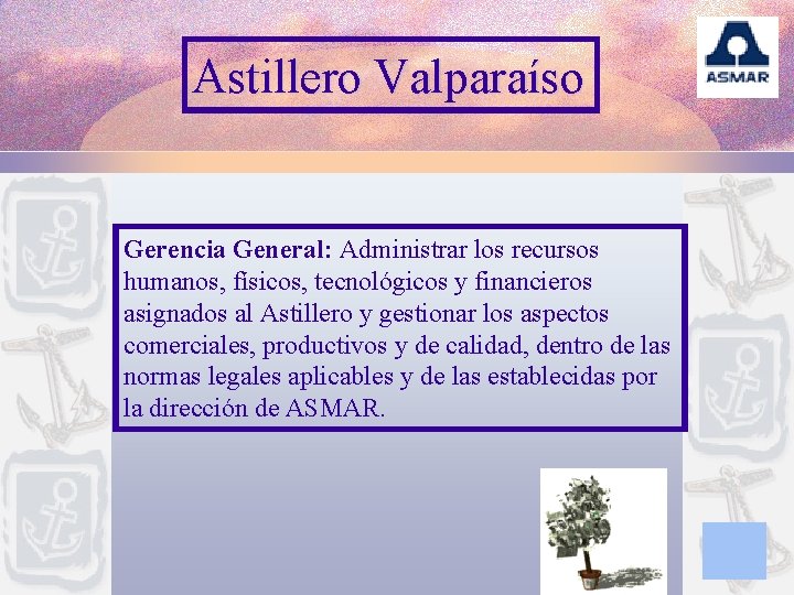 Astillero Valparaíso Gerencia General: Administrar los recursos humanos, físicos, tecnológicos y financieros asignados al