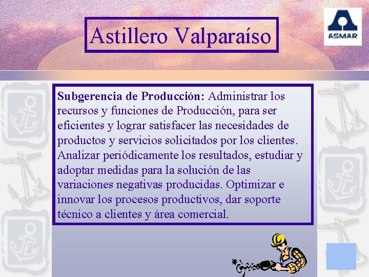 Astillero Valparaíso Subgerencia de Producción: Administrar los recursos y funciones de Producción, para ser