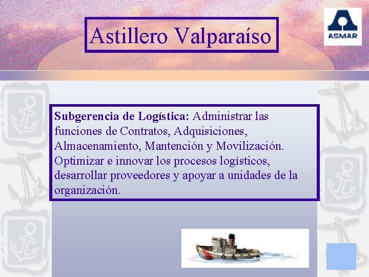 Astillero Valparaíso Subgerencia de Logística: Administrar las funciones de Contratos, Adquisiciones, Almacenamiento, Mantención y