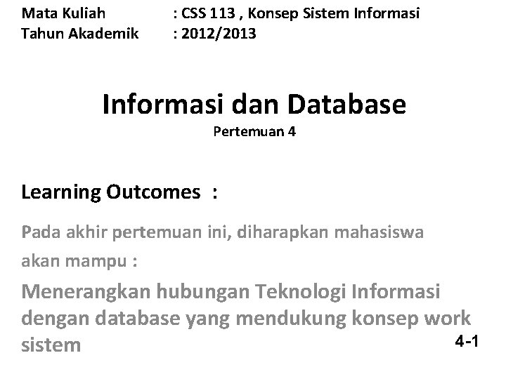 Mata Kuliah Tahun Akademik : CSS 113 , Konsep Sistem Informasi : 2012/2013 Informasi