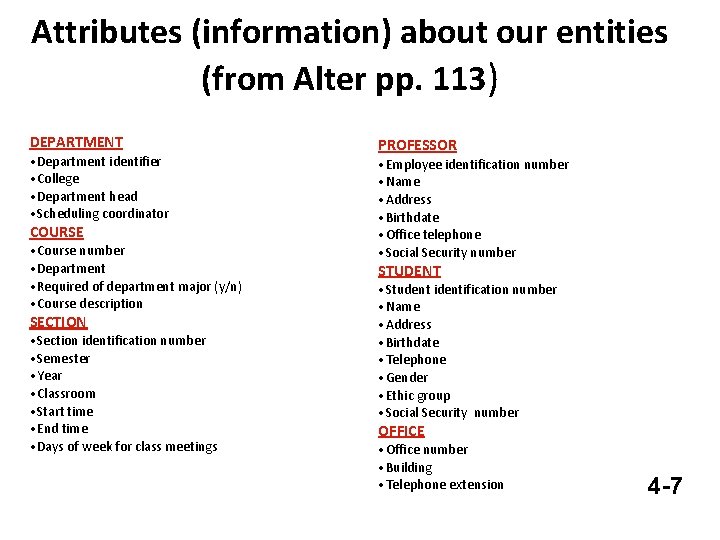 Attributes (information) about our entities (from Alter pp. 113) DEPARTMENT • Department identifier •