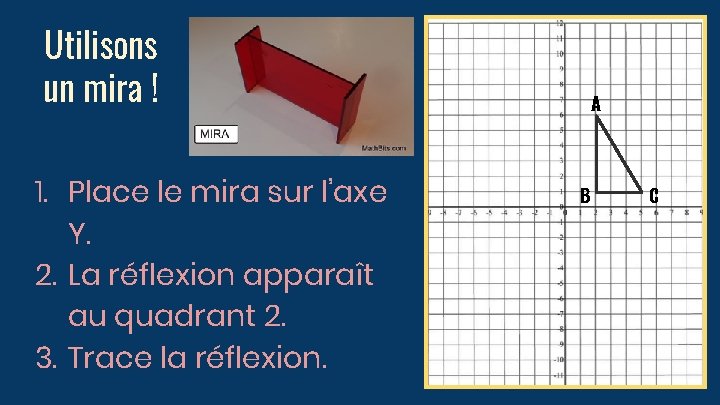 Utilisons un mira ! 1. Place le mira sur l’axe Y. 2. La réflexion