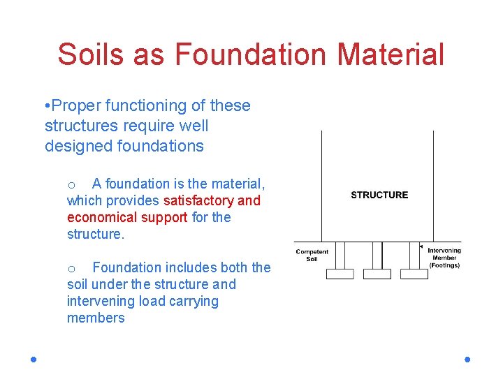 Soils as Foundation Material • Proper functioning of these structures require well designed foundations