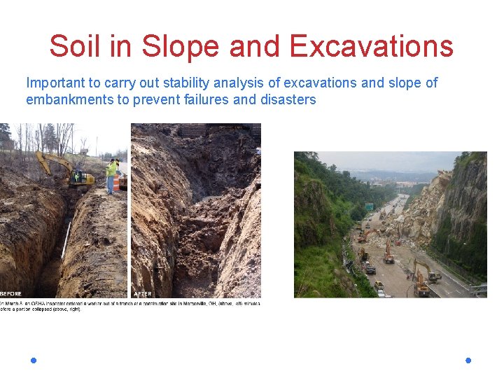 Soil in Slope and Excavations Important to carry out stability analysis of excavations and