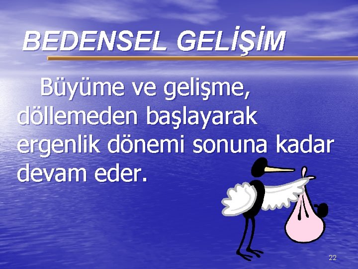BEDENSEL GELİŞİM Büyüme ve gelişme, döllemeden başlayarak ergenlik dönemi sonuna kadar devam eder. 22