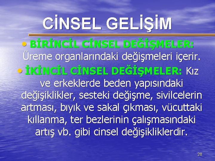 CİNSEL GELİŞİM • BİRİNCİL CİNSEL DEĞİŞMELER: Üreme organlarındaki değişmeleri içerir. • İKİNCİL CİNSEL DEĞİŞMELER: