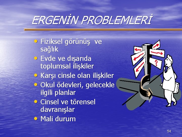 ERGENİN PROBLEMLERİ • Fiziksel görünüş ve • • • sağlık Evde ve dışarıda toplumsal