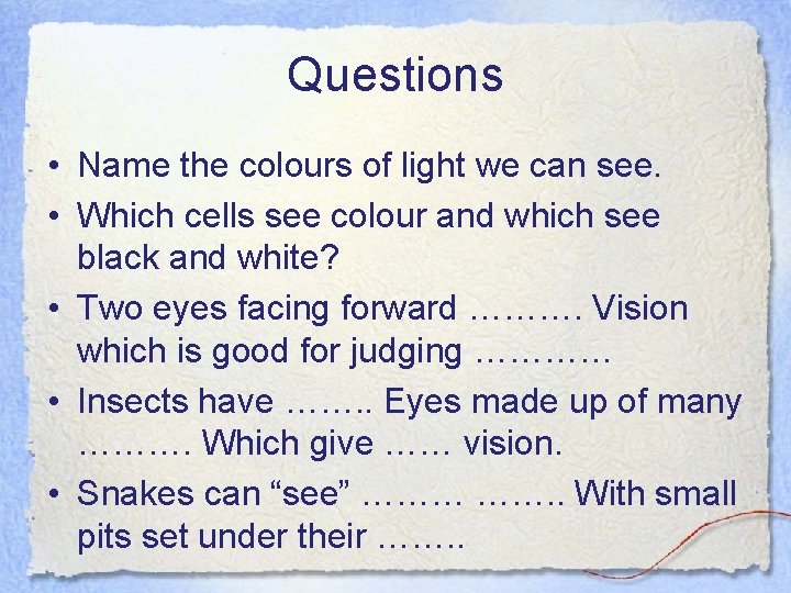 Questions • Name the colours of light we can see. • Which cells see