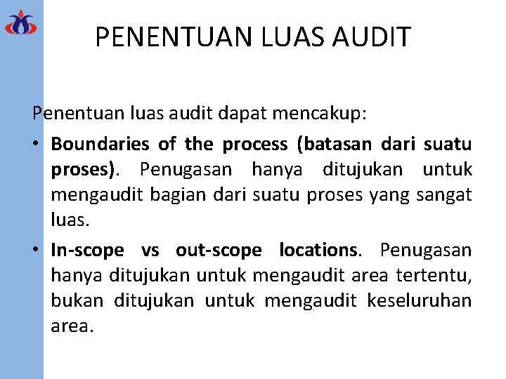 PENENTUAN LUAS AUDIT Penentuan luas audit dapat mencakup: • Boundaries of the process (batasan