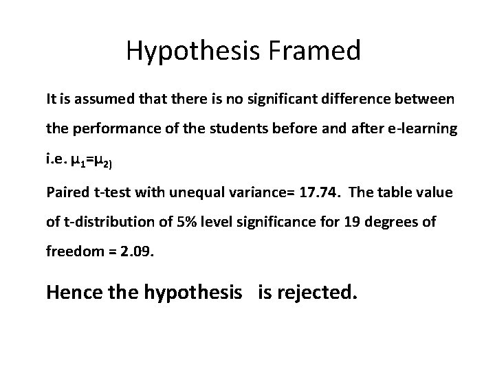 Hypothesis Framed It is assumed that there is no significant difference between the performance
