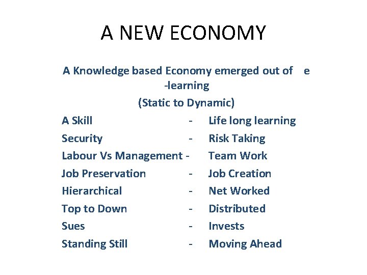 A NEW ECONOMY A Knowledge based Economy emerged out of e -learning (Static to