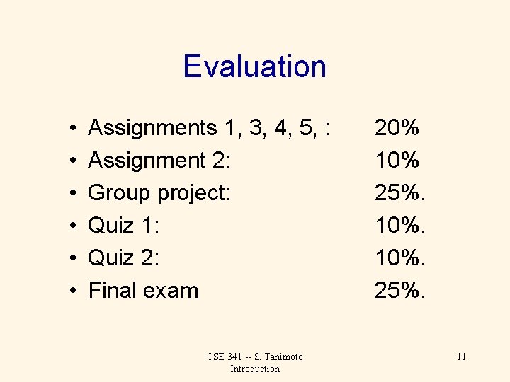 Evaluation • • • Assignments 1, 3, 4, 5, : Assignment 2: Group project: