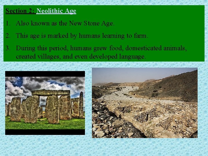 Section 2: Neolithic Age 1. Also known as the New Stone Age. 2. This